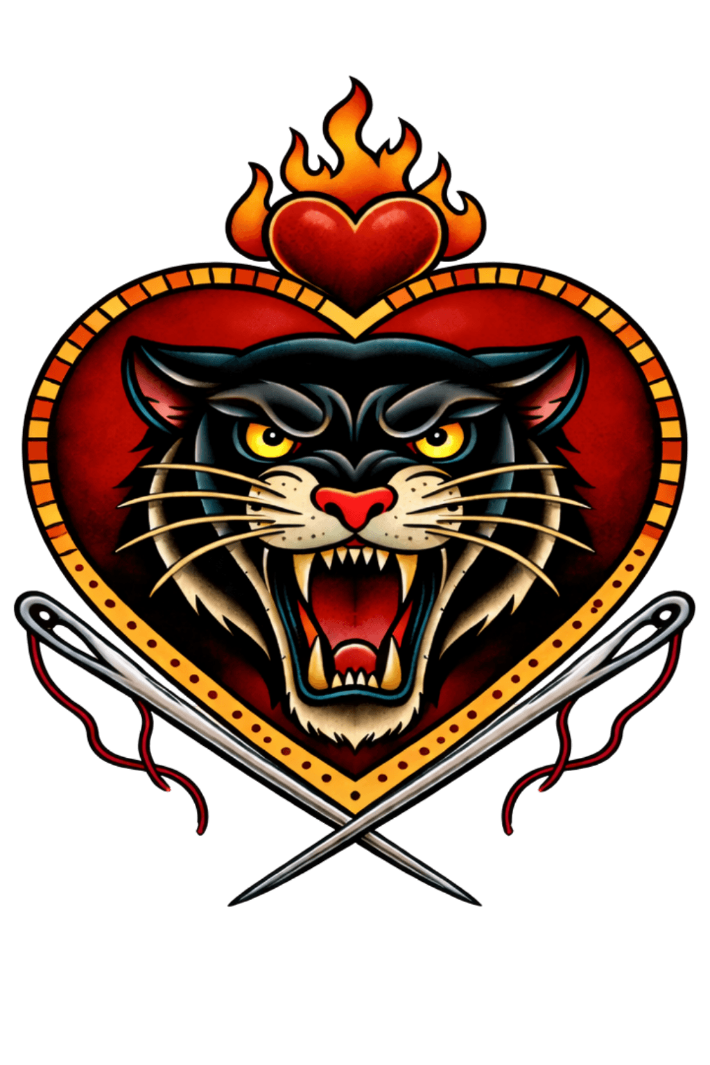 Nadel & Zwirn Emblem: Pantherkopf mit gekreuzten Nähnadeln